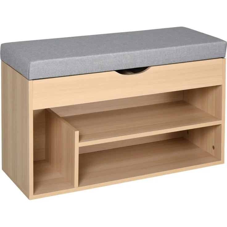 Schuhschrank, Schuhbank mit 2 Ebenen, Stauraum, Nische + integrierter Stauraum mit Kissen in Beige-Grau
