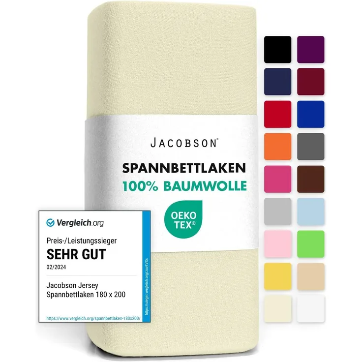 Jacobson Jersey Spannbettlaken Spannbetttuch Baumwolle Bettlaken (140x200-160x200 cm, Natur)