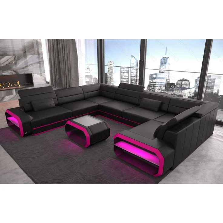 Leder Wohnlandschaft Verona U-Form – Komfort - Ledermix - schwarz-pink - Links – Bild 2