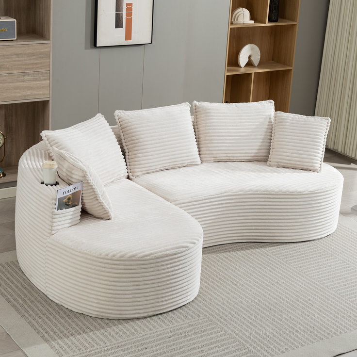 LVHOM Ecksofa L-Form, Cloud Sofa mit Tassenhalter und Seitentaschen, 3-Sitzer Sofa aus Cordstoff, kein Aufbau erforderlich, 250x152cm, Beige