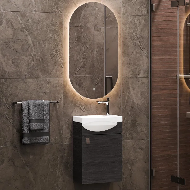 Planetmöbel Badmöbel Set Gäste WC Waschtischunterschrank Keramikwaschbecken Spiegel Anthrazit