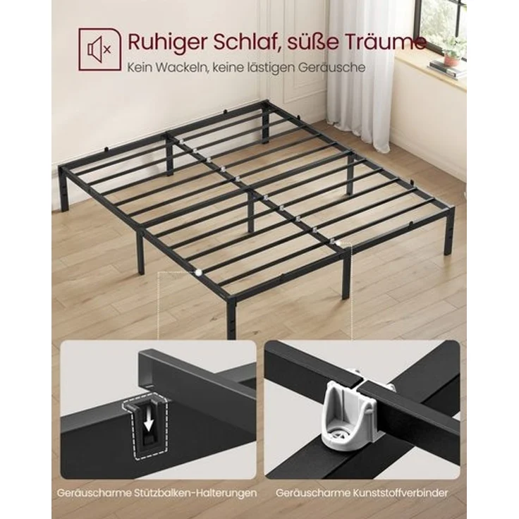 VASAGLE Doppelbettgestell, Bett, 160 x 200 cm, Metallbett, Bettrahmen, Unterbettaufbewahrung, modern, Gästebett, einfacher Aufbau, tintenschwarz RMBDE135B01 – Bild 3