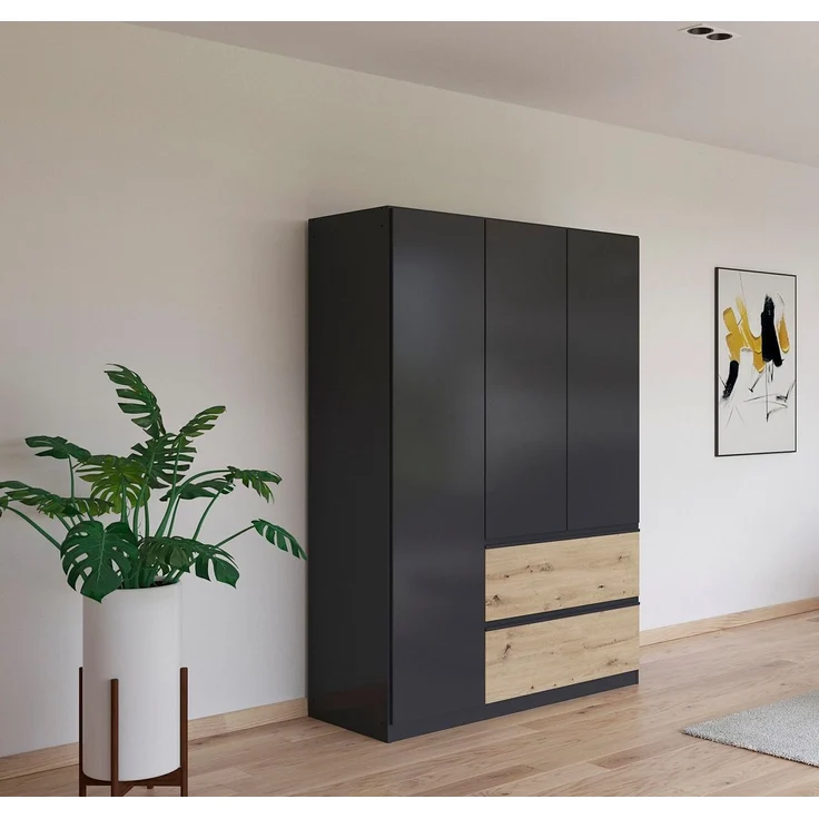 Rauch Möbel Costa, Kleiderschrank für Schlafzimmer, Kinderzimmer, Babyzimmer, Garderobe, Flur, 3-türig, 2 Schubladen, Push-to-Open, mit Zubehör Classic, Farbe Grau metallic, Schwarz, Breite 136 cm – Bild 1