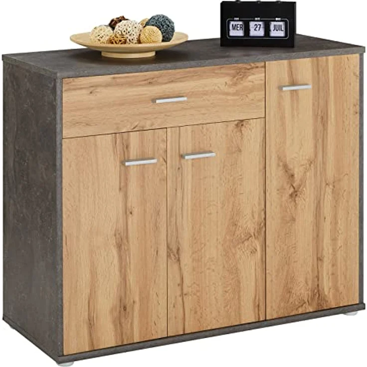 CARO-Möbel Schuhschrank DEUSTO Schmale Flurkommode mit Schublade und 3 Türen betonoptik/eiche – Bild 4
