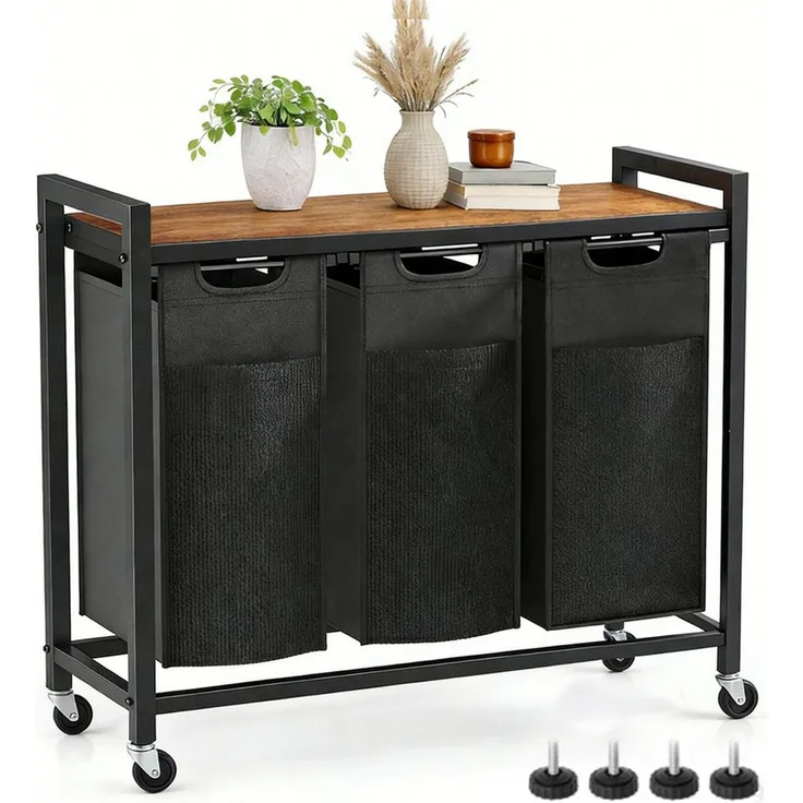 SURFOU Wäschekorb mit Rollen Wäschesammler Beweglicher Wäschewagen (3 St, mit Ablage Wäschebox Wäschesack aus Oxford-Gewebe Waschesammelboxaus), aus Oxford-Gewebe Abnehmbar, Metallrahmen