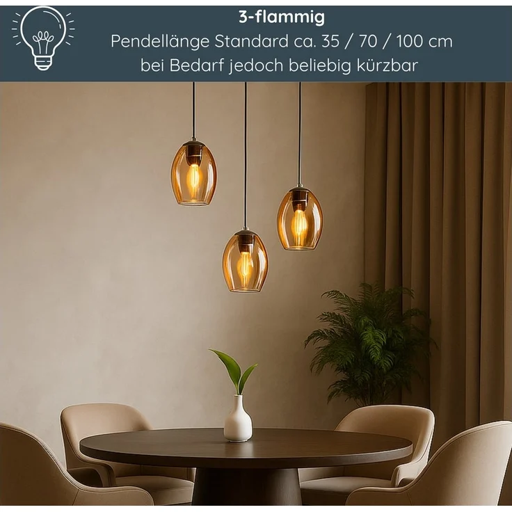 MeLiTec LED Pendelleuchte DP30, LED wechselbar, warmweiß, Hängeleuchte Amberglas, moderne Pendellampe 3-flammig, Hängelampe rund – Bild 2