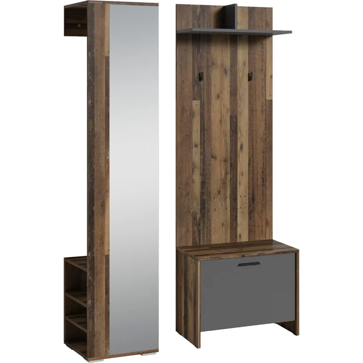 byLIVING Garderoben-Set Ben/Flur Garderobe mit Spiegel/viel Stauraum / 3-teilig/Hochschrank/Wandpaneel/Sitzbank (Old Style/Anthrazit)