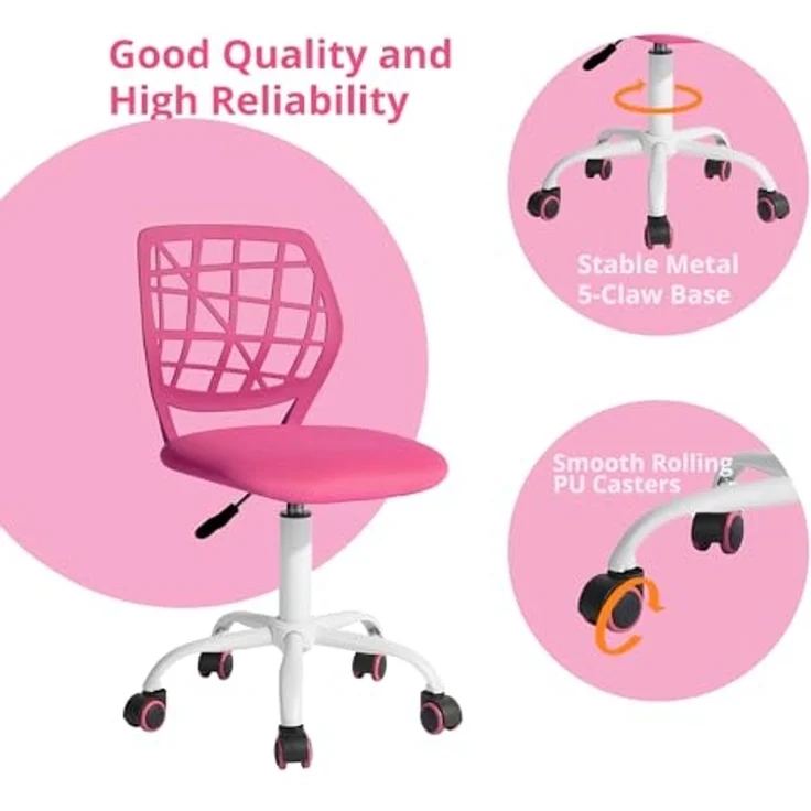 FurnitureR Teens Mädchen Task Chair 360 Swivel Low Mid PP Mesh Back Fabric Sitz Höhenverstellbare Rollrolle, PINK I – Bild 5