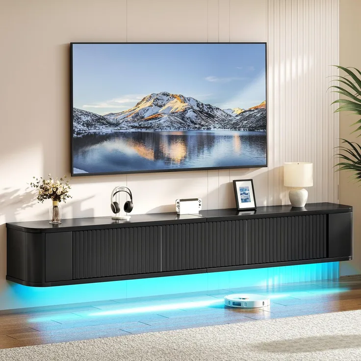 YITAHOME 180 cm Schwebender TV-Stand, Wandmontierte TV-Regale mit RGB-LED-Beleuchtung, Schwarz Hochglanz TV-Mediakonsolle, Schwebender TV-Schrank mit Großem Stauraum für Wohnzimmer und Schlafzimmer