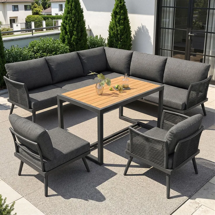 Merax Gartenlounge-Set, 7-Sitzer L-förmiges Gartensofa-Set mit Sessel, geflochtenen Armlehnen, Wetterfeste Eckgarnitur aus Eisen, mit Holz-Couchtisch, Mit Polstern & Kissen, Grau