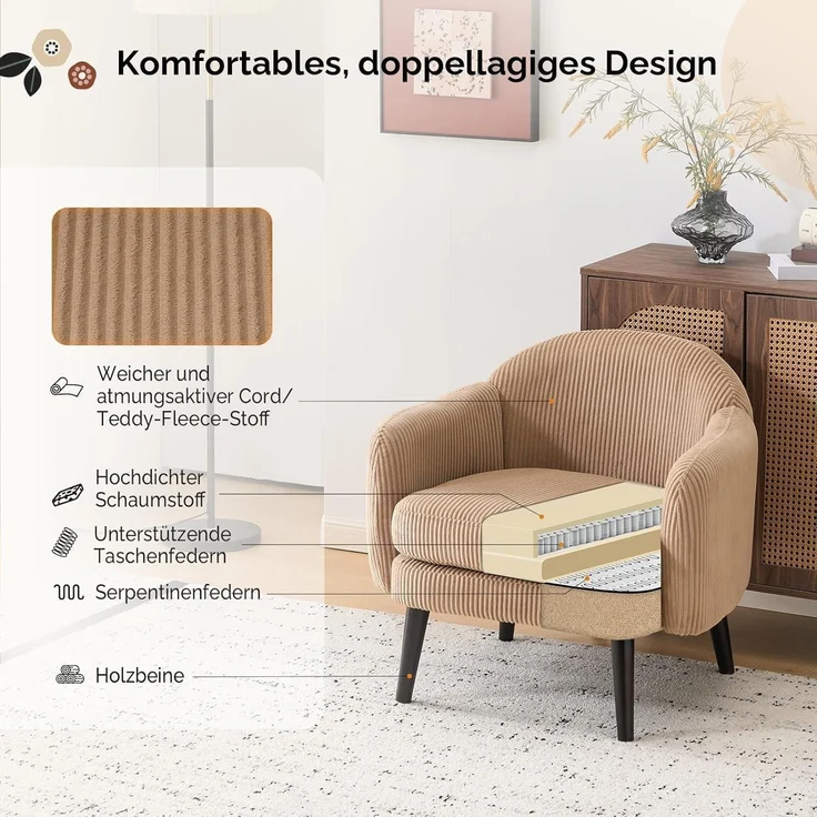 Sessel Cocktailsessel Loungesessel Lesesessel 113kg Cord-stoff Khaki – Bild 5