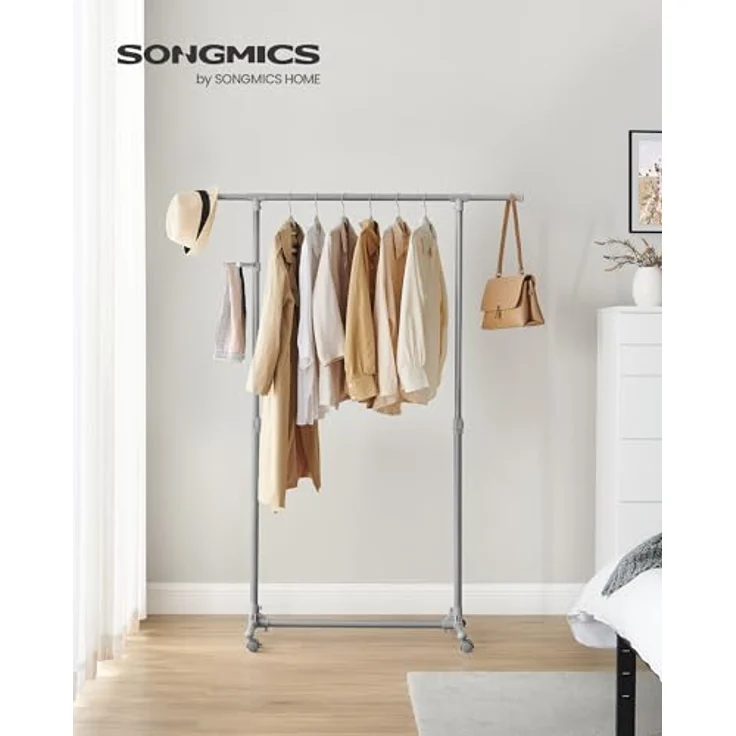 SONGMICS Kleiderständer auf Rollen, Kleiderstange, höhenverstellbar zwischen 97 und 165 cm, ausziehbare Garderobenstange, Garderobenständer, seitliche Haken für Accessoires, taubengrau LLR001G01 – Bild 3