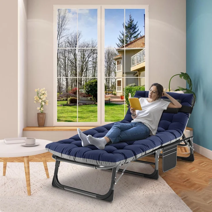 Meulbaty Liege Klappbar – 200 kg Tragkraft, klappbares Gästebett mit Matratze, Seitentaschen, verstellbarer Kopfstütze und Rückenlehne – Sonnenliege für Büro, Terrasse, Garten, Camping und Sonnenbaden