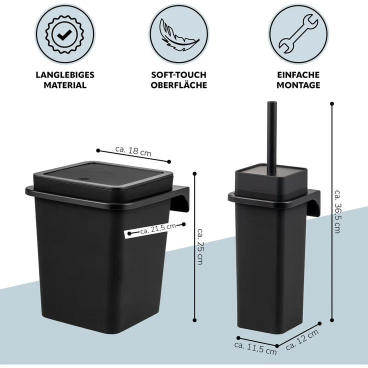 2tlg. Bad-Set SAVONA Softtouch inkl. Wandhalterung, Kosmetikeimer 6 Liter und WC-Garnitur, eckig - schwarz – Bild 7