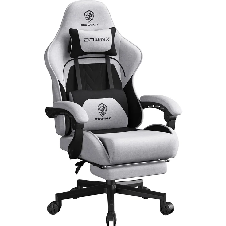 Dowinx Gaming Stuhl Tasche Frühling Kissen, Atmungsaktiver Bürostuhl aus Hochwertigem Stoff, Ergonomischer PC-Stuhl mit Kopfstütze, Drehbarer Schreibtischstuhl mit Fußstütze (Schwarz und Weiß)