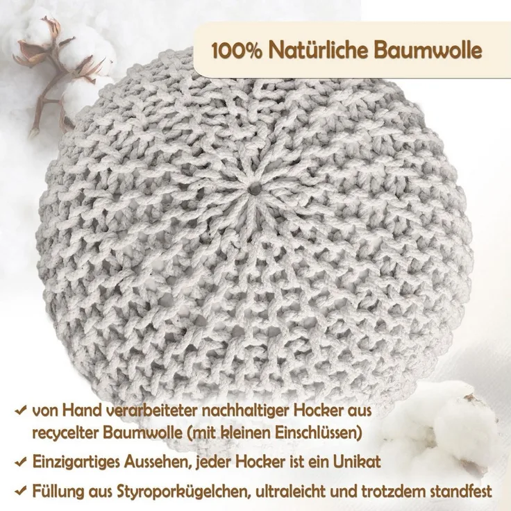 Amagohome Sitzhocker Strickhocker XXL Pouf Ø55 H37cm Bodenkissen Sitzpouf Baumwolle recycel