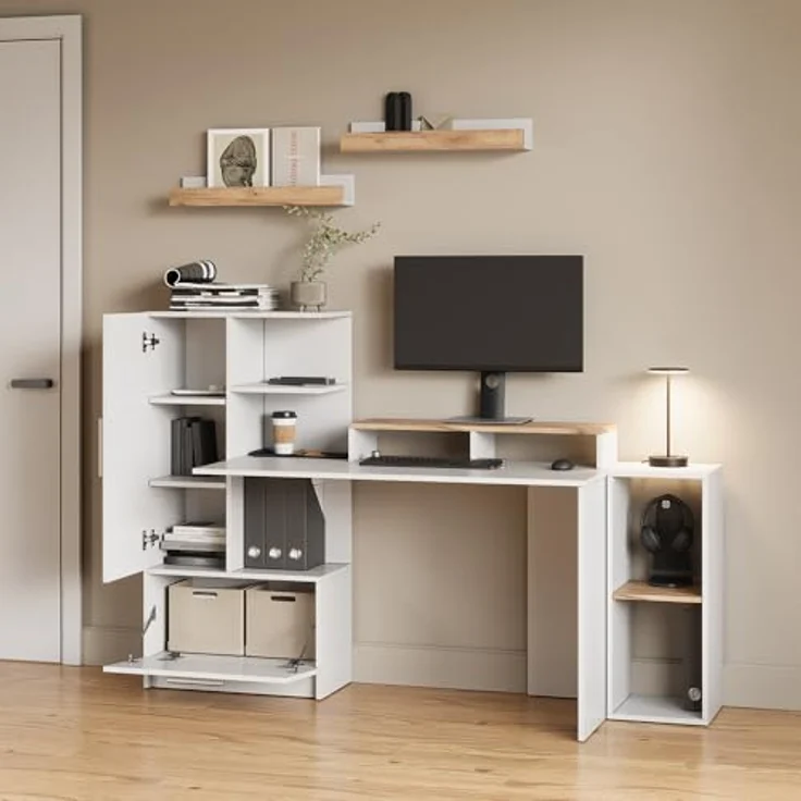 Livinity® Schreibtisch Lorena, Weiß, 150 x 120.1 cm mit 2 Türen aus Spanplatte – Bild 4
