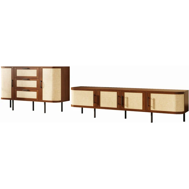 Wohnwand Set TV-Lowboard & Sideboard mit Geflechtfront, MDF-Korpus, schwarzen Griffen und Metallfüßen – modernes Wohnzimmermöbel Set--Nussbaum--120x40x82cm--YOUDENOVA – Bild 7