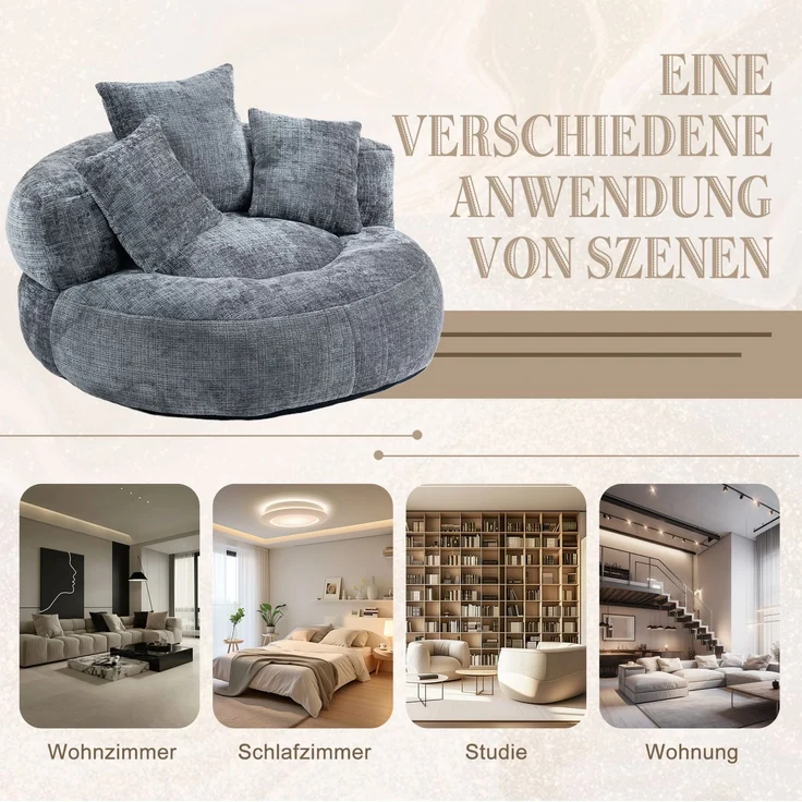 Lazy Sofa Lounger mit 3 Kissen, 108x108x52 cm, Grau Chenille, hohe Rückenlehne, Indoor/Outdoor – Bild 8