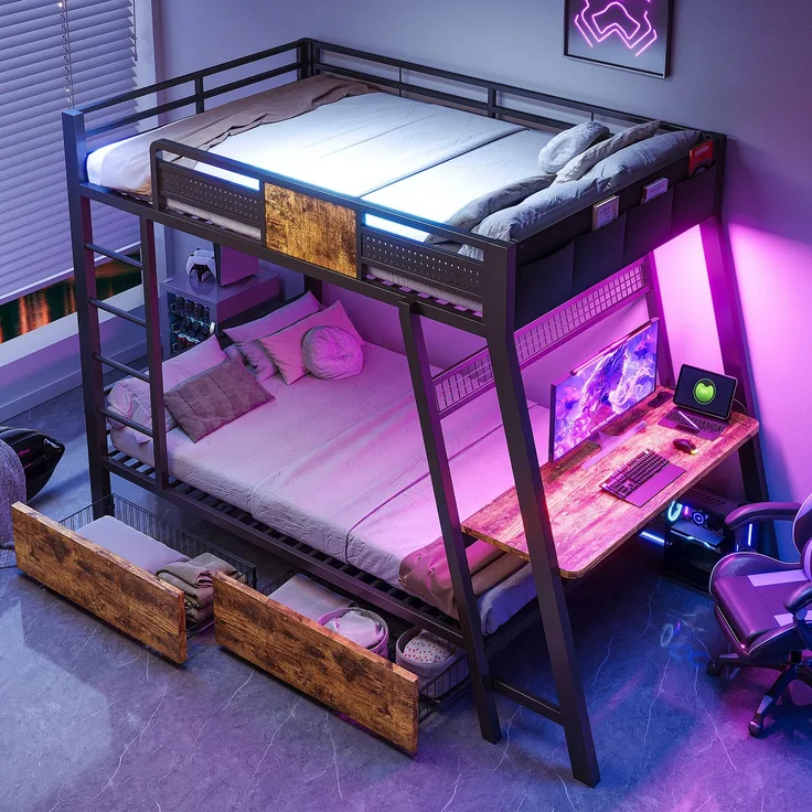 Metall-Etagenbett 90×200cm,integrierter Gaming-Schreibtisch mit Steckdosen, USB- und Type-C-Anschlüssen, mit LED-Lichtband, zwei Aufbewahrungskörben, Jugend-Spielbett, Doppel-Eisenbett, Schwarz