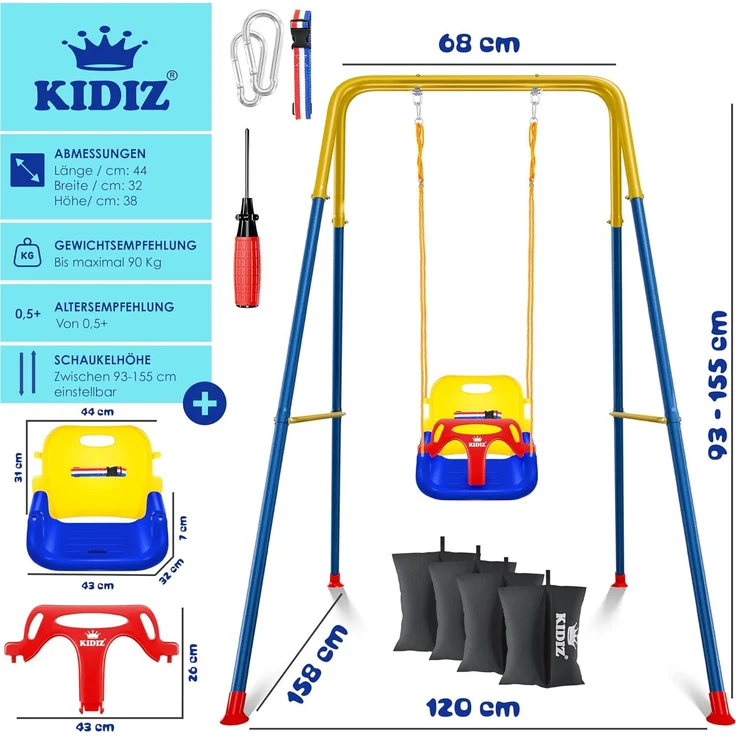 KIDIZ® Babyschaukel mit Gestell 3in1 Kinderschaukel mitwachsend für Babys ab 6 Monate & Kinder bis 10 Jahre für drinnen & draußen, bis 100kg belastbar, Schaukelgestell inkl. 4 Sandsäcke 5kg auffüllbar Bunt – Bild 7