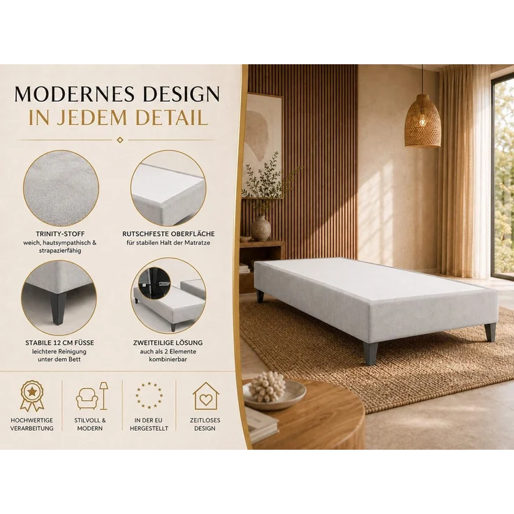 Best for Home Boxspringbett Boxspringbettgestell aus Massivholz in verschiedenen Größen (Bettgestell / Seniorenbett / Jugendbett / Kinderbett, Bettgestell ohne Matratze, optional mit Kopfteil), Massivholzrahmen, Trinity-Stoffbezug, wasserdicht, abriebfest – Bild 3