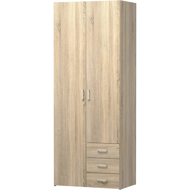 Kleiderschrank mit zwei Türen und drei Schubladen, Eichenfarbe, 77x49 x H200 cm