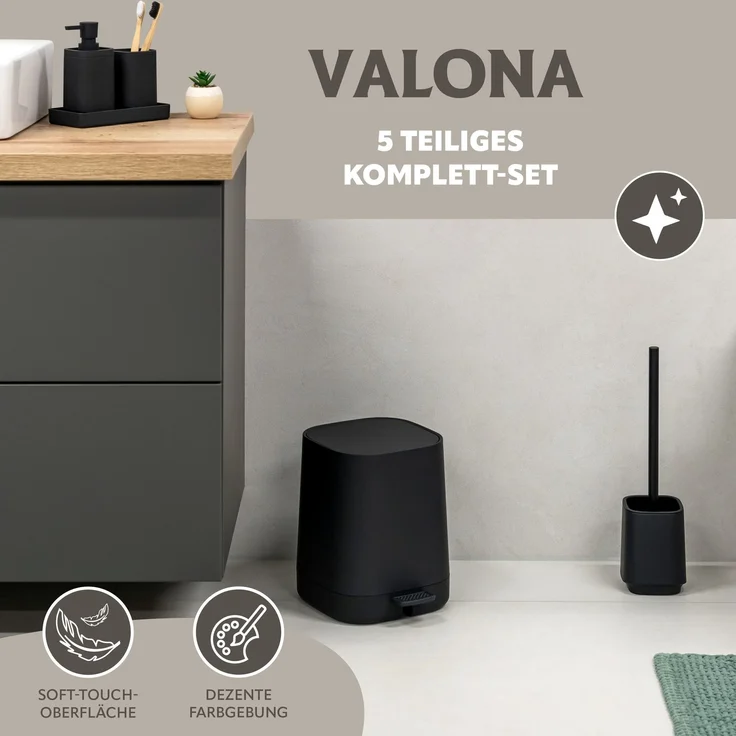 eluno Bad-Set VALONA 5tlg. mit Seifenspender, Becher, Schale, Kosmetikeimer 4,5 Liter und WC-Garnitur aus Kunststoff in Schwarz – Bild 2
