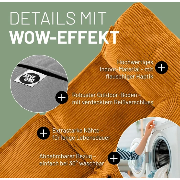 Lumaland Sitzsack-Sofa, Polyester, Eckteil, Cord - Senfgelb, 70 x 81 x 81 cm – Bild 6