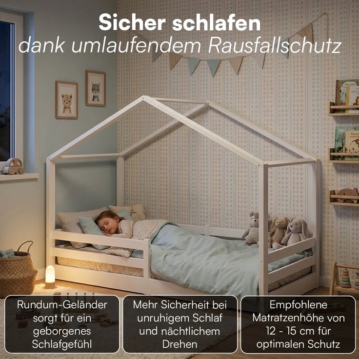Bellabino 'Abia' Hausbett 90x200 cm mit Matratze, weiß, Kiefer Massivholz, Bodenbett in Hausoptik, Montessori Kinderbett mit Rausfallschutz und Lattenrost – Bild 4