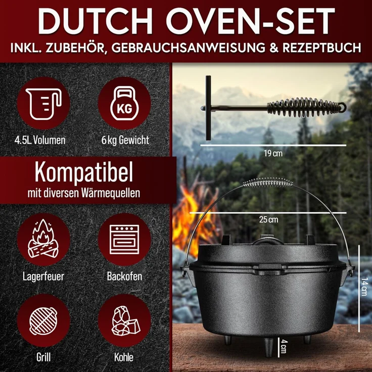 Dutch Oven Set 4,5 L mit Füßen – Eingebrannter Feuertopf aus Gusseisen mit Deckelheber Spiralgriff & Rezeptbuch – Bild 2