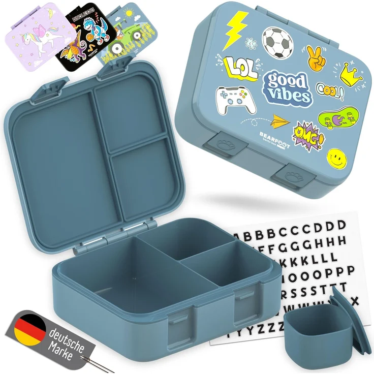 BEARFOOT Bento Box COMPACT Kinder Brotdose (Sticker-blau, 1.000 ml) | BPA-frei, auslaufsichere Lunchbox mit Fächern, für Schule & Kindergarten, für Mädchen & Jungen, leicht & kompakt