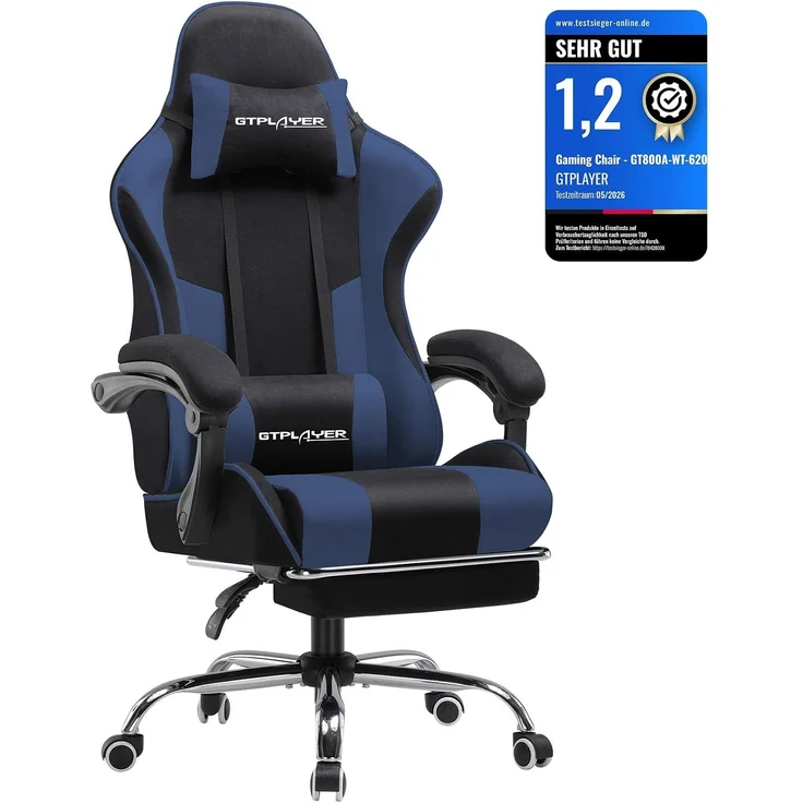 GTPLAYER Gaming Stuhl Stoff, Bürostuhl Massage Gaming Sessel Ergonomischer Gamer Stuhl mit Fußstütze, Kopfstütze Massage-Lendenkissen, Gepolstert Gaming Chair, Drehsessel, blau – Bild 1