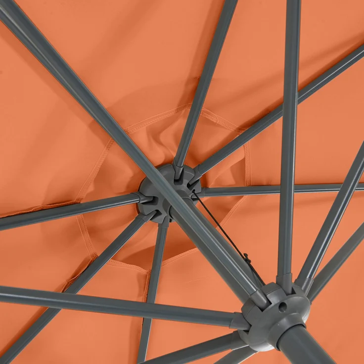 LECO Marktschirm Ø3m, Aluminiumgestell anthrazit, Fiberglasstreben, Polyester-Schirmtextil orange, mit Windschutz und Abknickfunktion – Bild 7