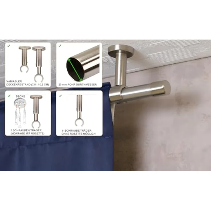 iso-design Gardinenstange Set zur Montage an der Decke mit 20 mm Durchmesser 1-läufig, Ø 20 mm, 1-läufig, Deckenmontage, geschraubt, Aluminium, Variabler Deckenabstand – Bild 3