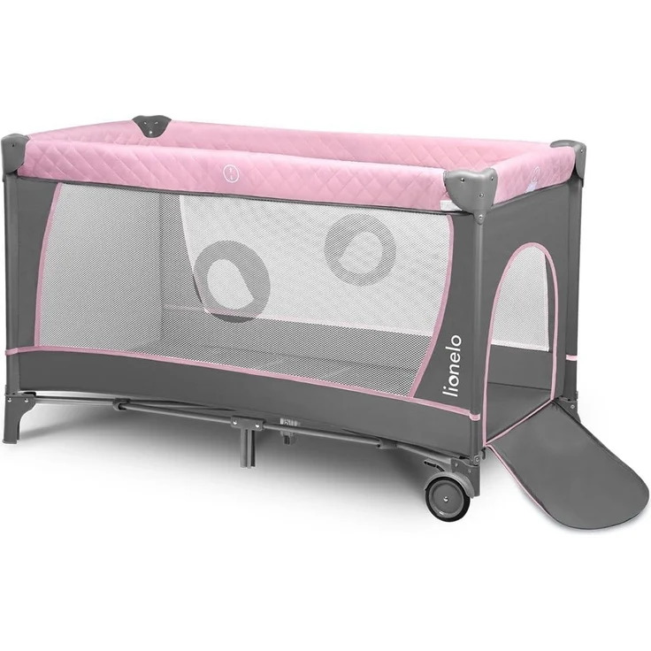 Lionelo Flower 4in1 Reisebett Baby mit Seiteneingang, Wickeltisch, Zwei Matratzenaufhängungshöhen, Spielzeugbogen mit Spielfiguren, Rollen, Tragetasche – Bild 4