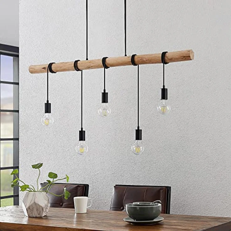 Lindby Hängeleuchte Rom, 5-flg. Pendelleuchte aus Holz und Seil, Schwarz, 116 cm, Vintage-Optik – Bild 4