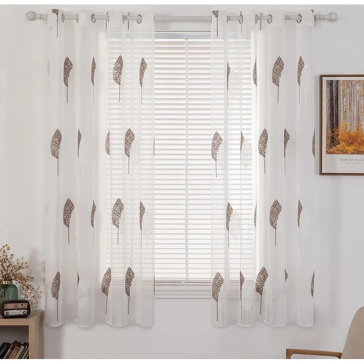MIULEE Gardinen mit Kaffee und Weiss Blätter Muster 2er Set 140x175cm | Modern Stickerei Wohnzimmer Vorhänge Transparent mit ösen für Schlafzimmer Deko, Schöne Blätter Muster Vorhang Fenster