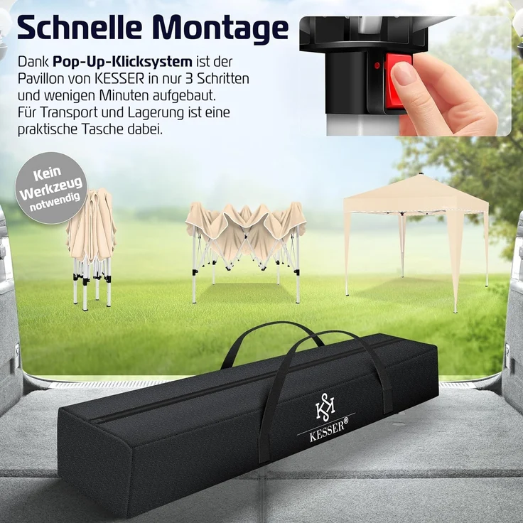 KESSER® Faltpavillon mit Tasche und Beleuchtung, wasserdicht und UV-Schutz 50+, Metall / Polyester beige, 300x300 cm – Bild 3