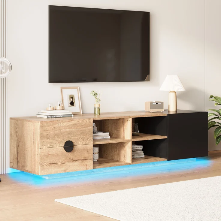 Fernsehtisch, Holzwerkstoff mit LED & Schublade, 180x38,5x47 cm, Schwarz/Natur – Bild 2