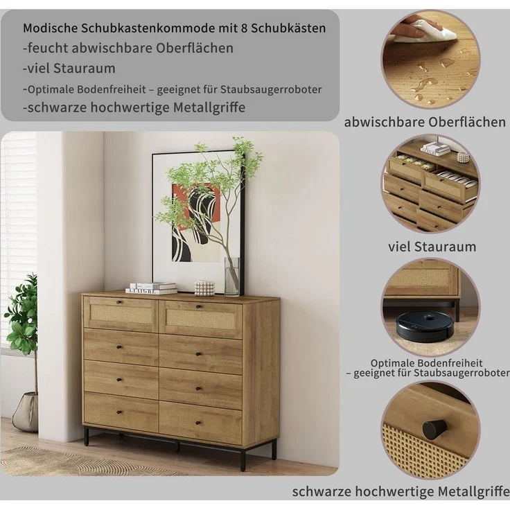 OTTO home Kombikommode Motala Wäsche Schrank mit 8 Schubladen Sideboard BOHO Design (Eichen-Design mit schwarzen Griffen und Geflecht Schubladen), Kommode Schrank Wäscheschrank mit 8 Schubladen – Bild 2
