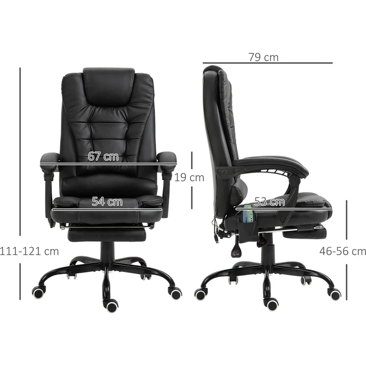 Massage-Bürosessel, Bürostuhl, ergonomischer Stuhl mit Höhenverstellung, neigbarer Rückenlehne und kabelgebundener Fernbedienung, ausziehbarer und um 360° drehbarer Fußstütze, schwarz – Bild 5