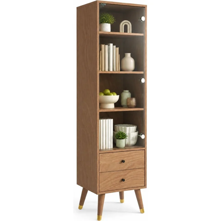 Vitrinenschrank aus MDF in Holzoptik mit Glastür, 3 höhenverstellbaren Einlegeböden und 2 Schubladen,H 160 x T 39.8 x B 35 cm – Bild 7