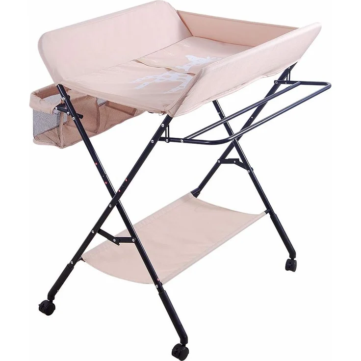 Klappbare Baby Wickelkommode, Wickeltisch mit Ablageflächern, Rollen, Kissen mit Höhenskala, 80 × 66 × (92-95-98) cm, Beige – Bild 1