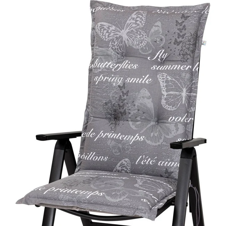 KETTtex Hochlehnerauflage Hochlehner Bali 2385 grau Schmetterlinge 120x49x8 cm KETTtex, (1 St), Halteband verstellbar mit Bindebändern