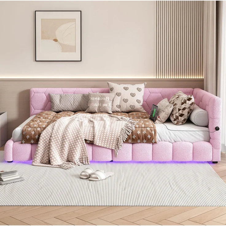CHICFURN Bett aus Vliesimitat in Rosa 90x200 cm mit LED-Beleuchtung und USB- und Type-C-Anschlüssen – Bild 2