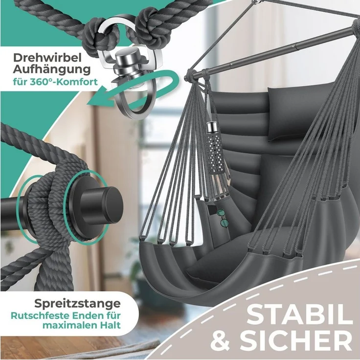 KESSER® Hängesessel Haiti 150kg Traglast, Hängestuhl 360° Drehung, Hängeschaukel Indoor-Outdoor UV-beständig & Wasserfest, Pflegeleicht, Inkl. 2 Kissen, Tragetasche, Flaschenhalter & Montage-Set Anthrazit / Anthrazit – Bild 3