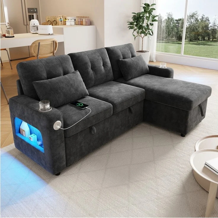 Merax Ecksofa mit LED‑Beleuchtung & USB, L-förmiges Sofa mit Schlaffunktion, multifunktionales Schlafsofa aus Chenille, für Wohnzimmer/Schlafzimmer 1 Teile, 3-Sitzer-Sofa mit Getränkehalter, Seitentaschen & verdeckten Stauraum – Bild 3