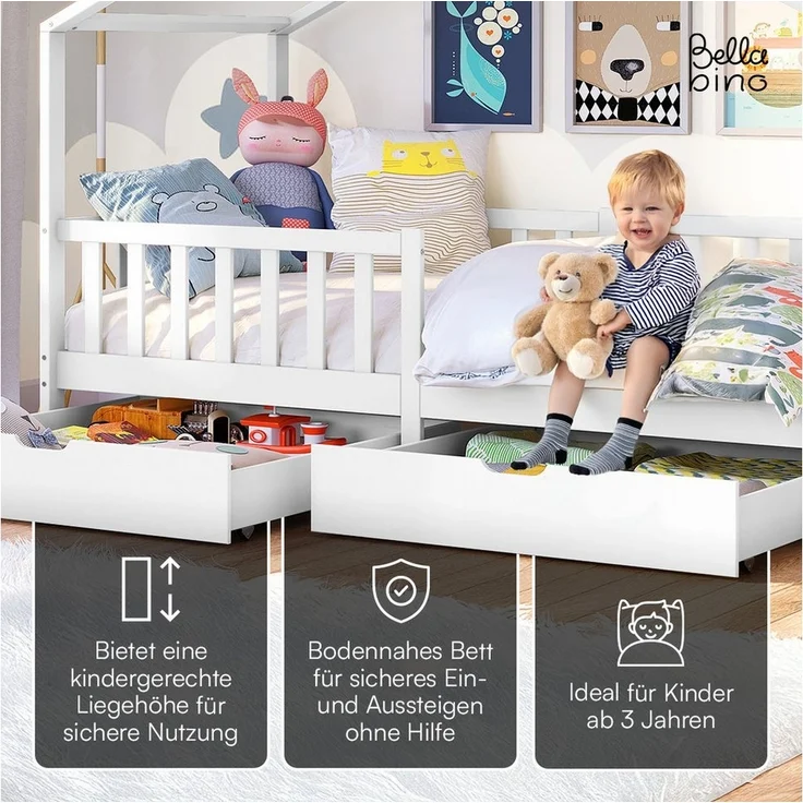 Bellabino Kinderbett Bia mit Rausfallschutz & Lattenrost (weiß, mit zwei Schubladen und Matratze), Kinderbett aus Kiefernholz, verfügbar in 80x160/90/120/140x200 cm – Bild 2