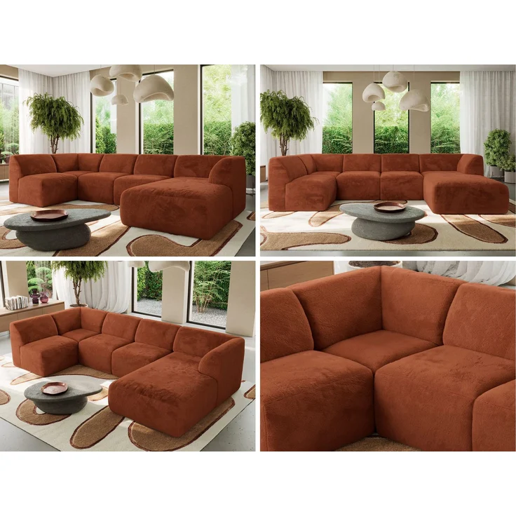 Modulares XXL-Ecksofa MODARO 5M, U-Form, Wohnlandschaft, 5-teilig, freistehend, Wohnzimmer Couch, HR-Schaumstoff - Orange Plüsch - Rechts – Bild 2